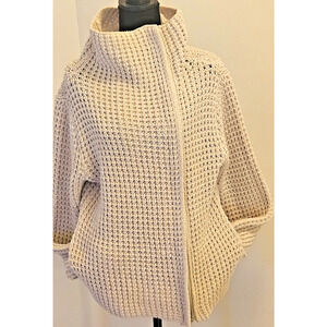 GAP Chunky Knit Ivory Moto Sweater XL Heavy Woven Full Zip Mock Neck Womens